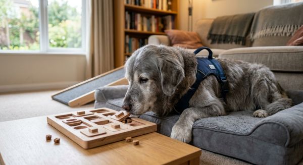 How do you provide cognitive enrichment for a senior Golden Retriever with limited mobility?