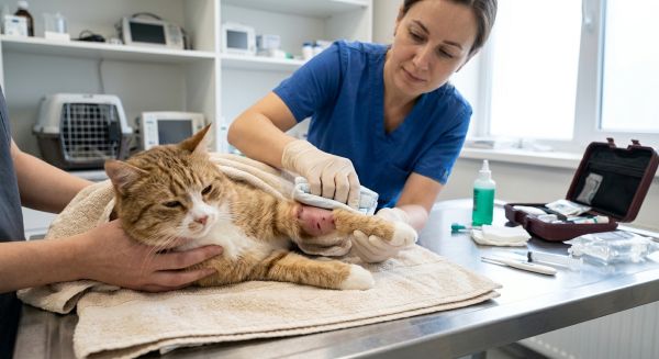 What are the correct first aid procedures for a cat that has been bitten by a venomous snake or insect?