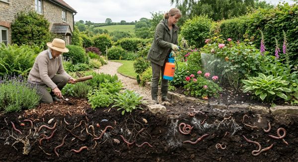What is the impact of garden pesticides on UK soil organisms, and how can gardeners reduce it?